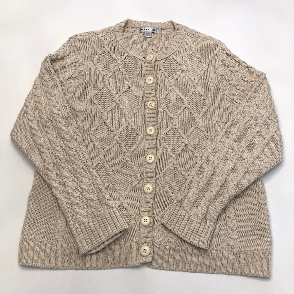 Parkhurst Cable Knit Cardigan Sweater Cotton Blend Womens Large Crew Neck Button
